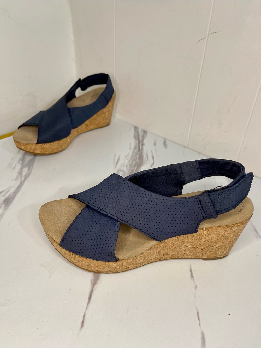 Clarks annadel bari platform, Navy nubuck 8M Cork Wedge Slingback Sandal